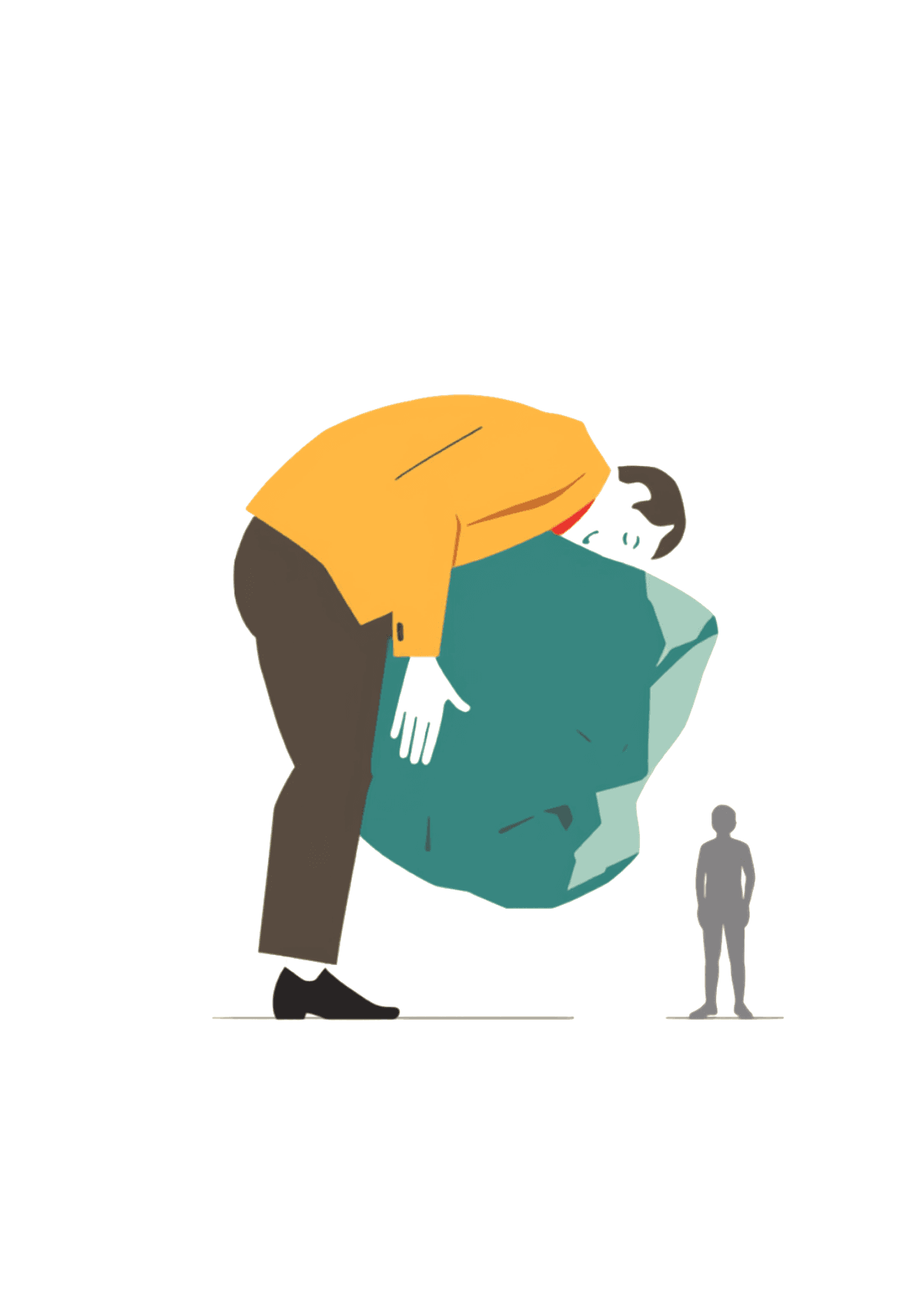 A person bending to set a large boulder down on the ground, back starting to straighten with relief