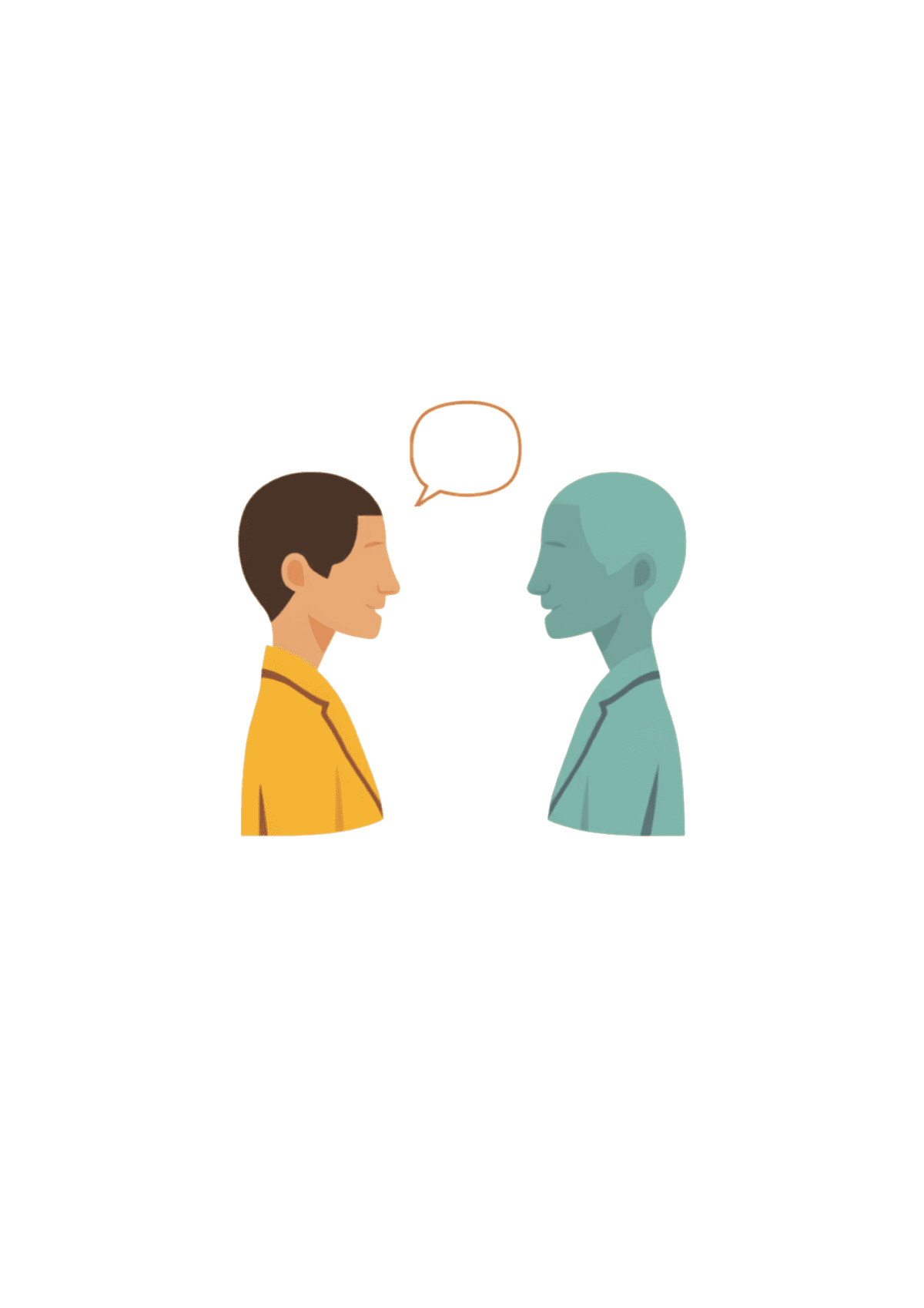 Two equal figures facing each other, one speaking openly with a small speech bubble