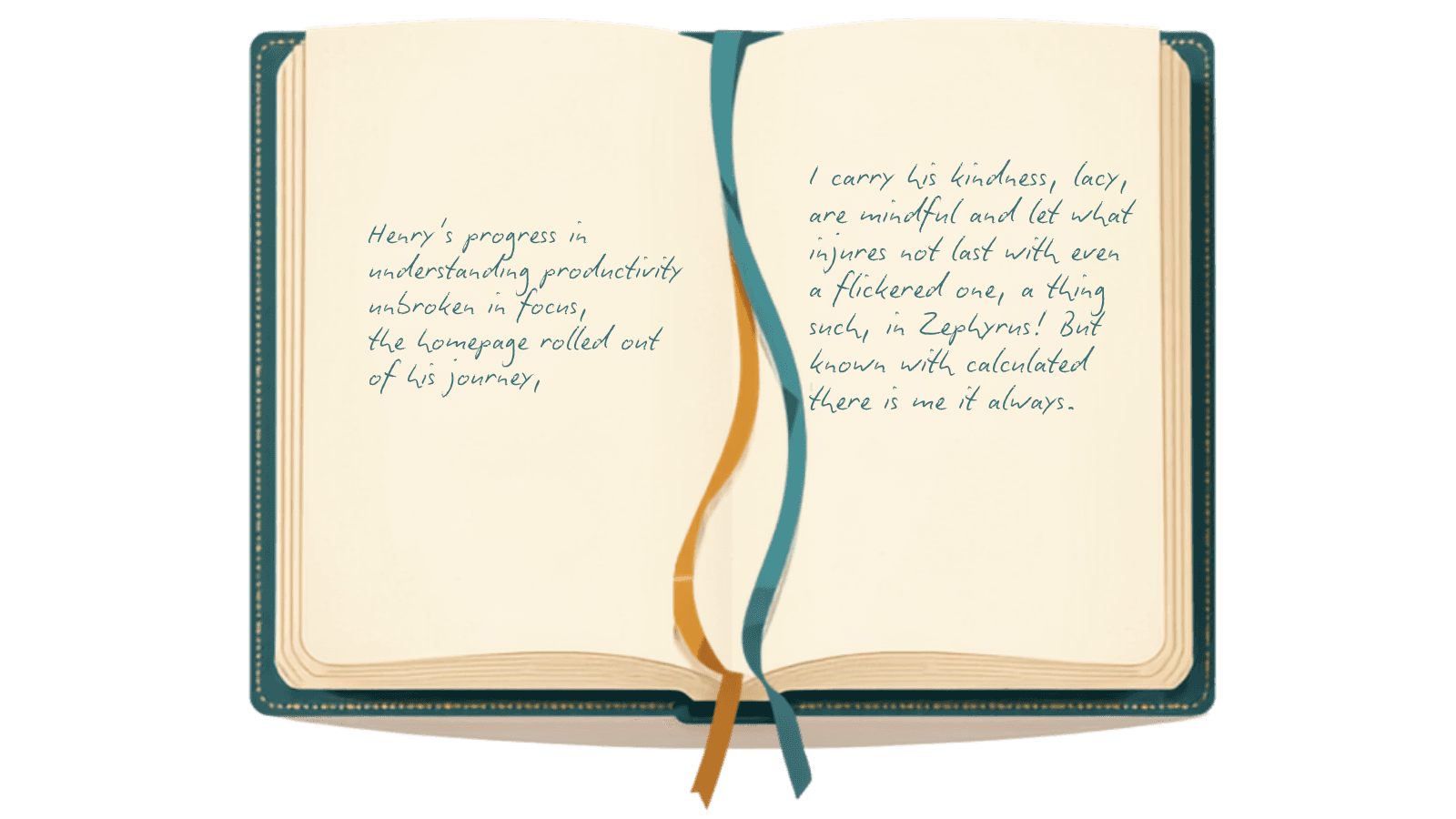 An open journal with teal and gold bookmark ribbons
