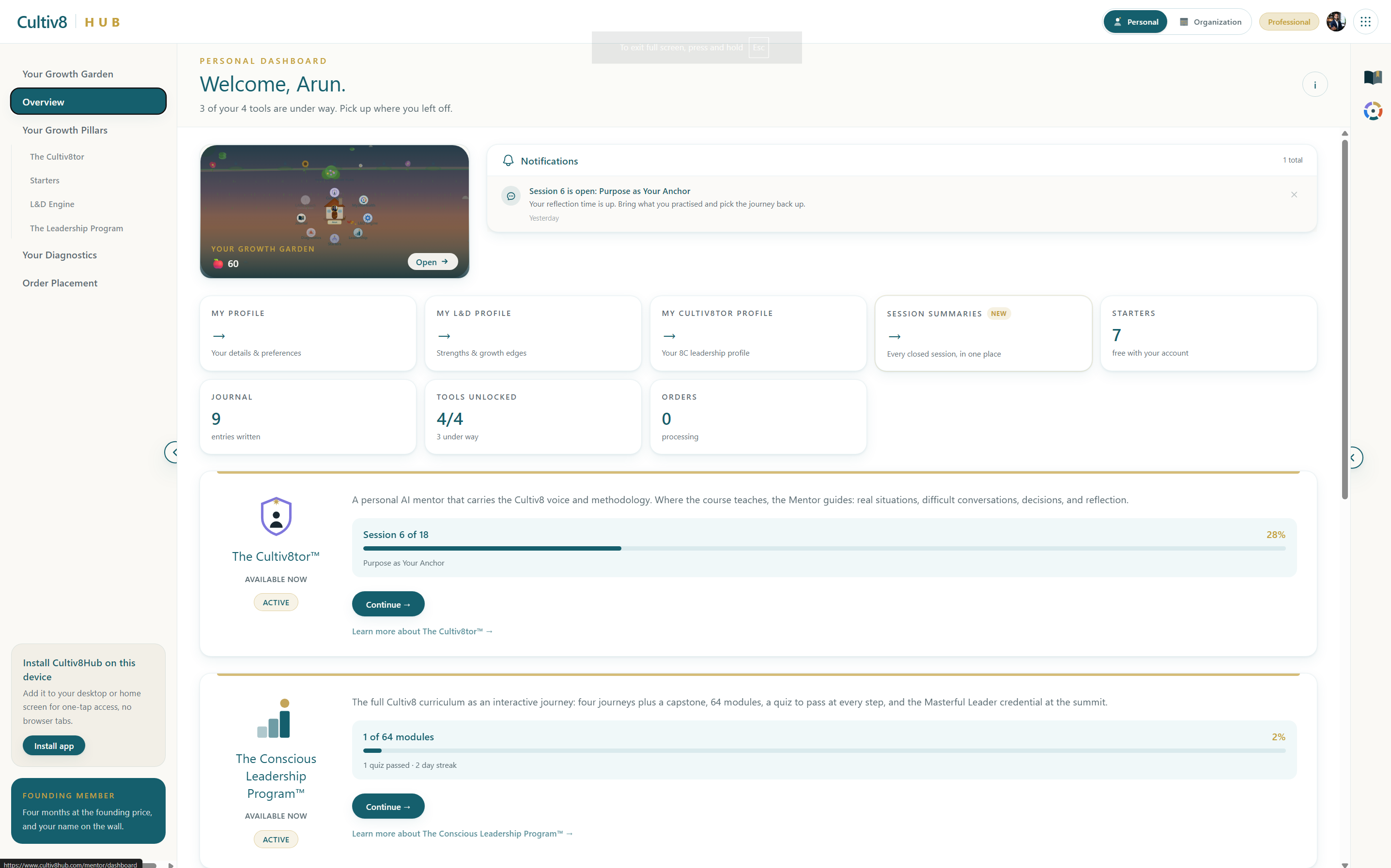 The Cultiv8Hub personal dashboard on a laptop